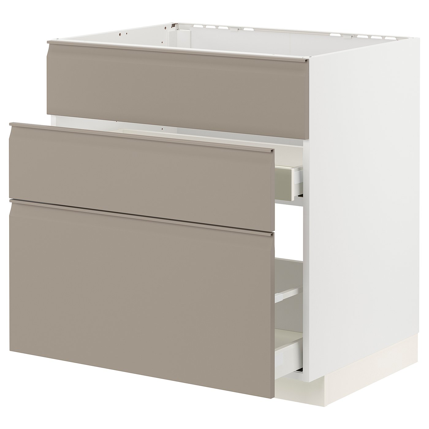 Modern kitchen cabinet set with beige drawers, sleek handles, and ample storage.