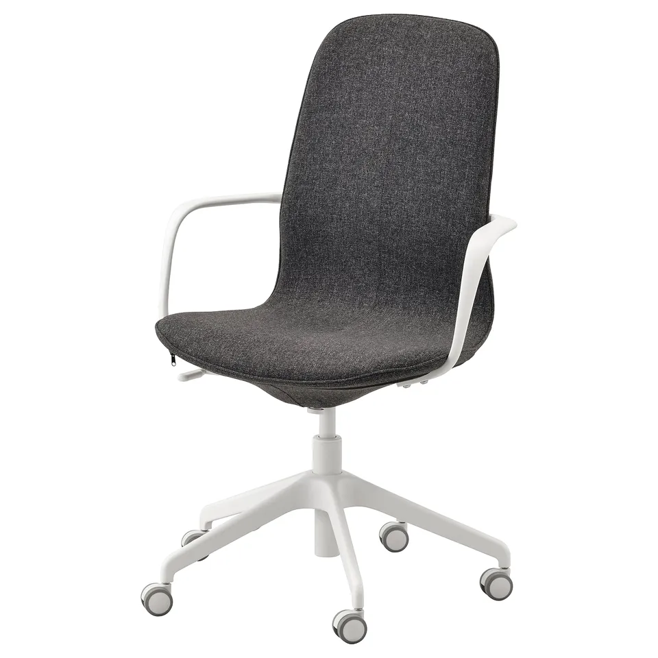 LÅNGFJÄLL office chair in dark grey fabric with white metal base, armrests, and wheels.