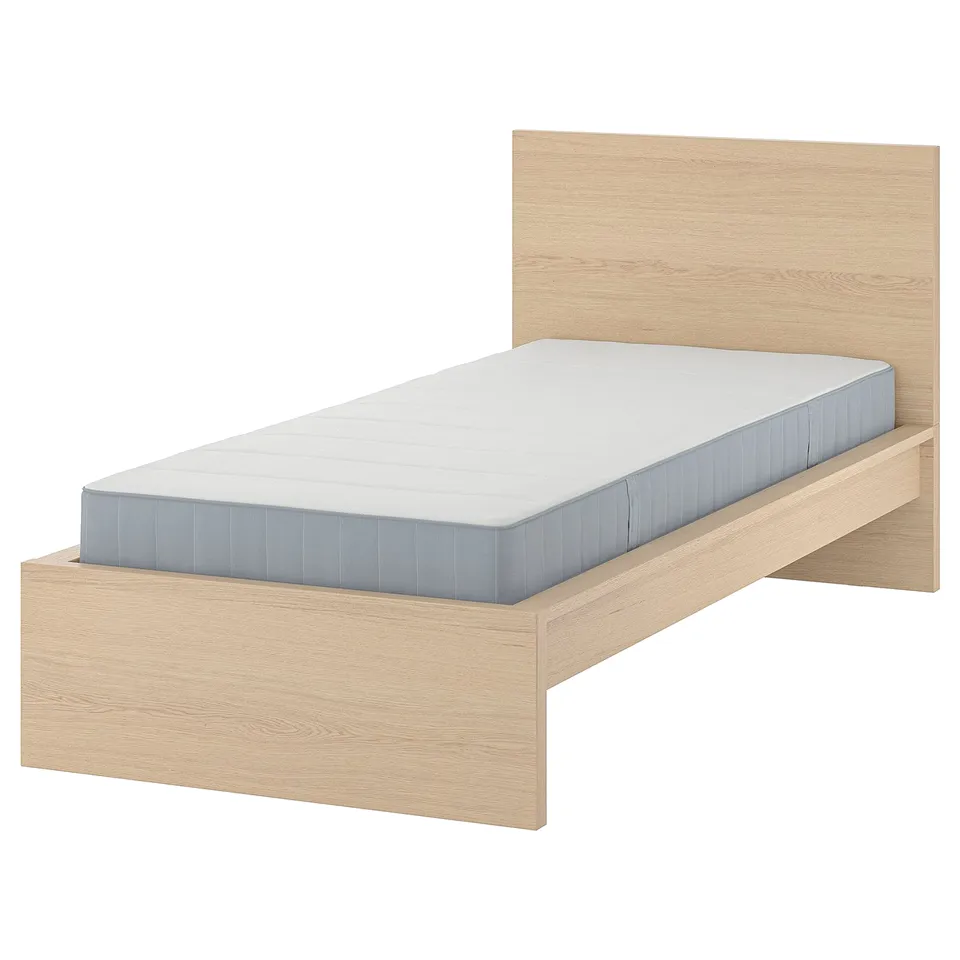 MALM wooden bed frame with light oak finish, rectangular shape, and headboard.