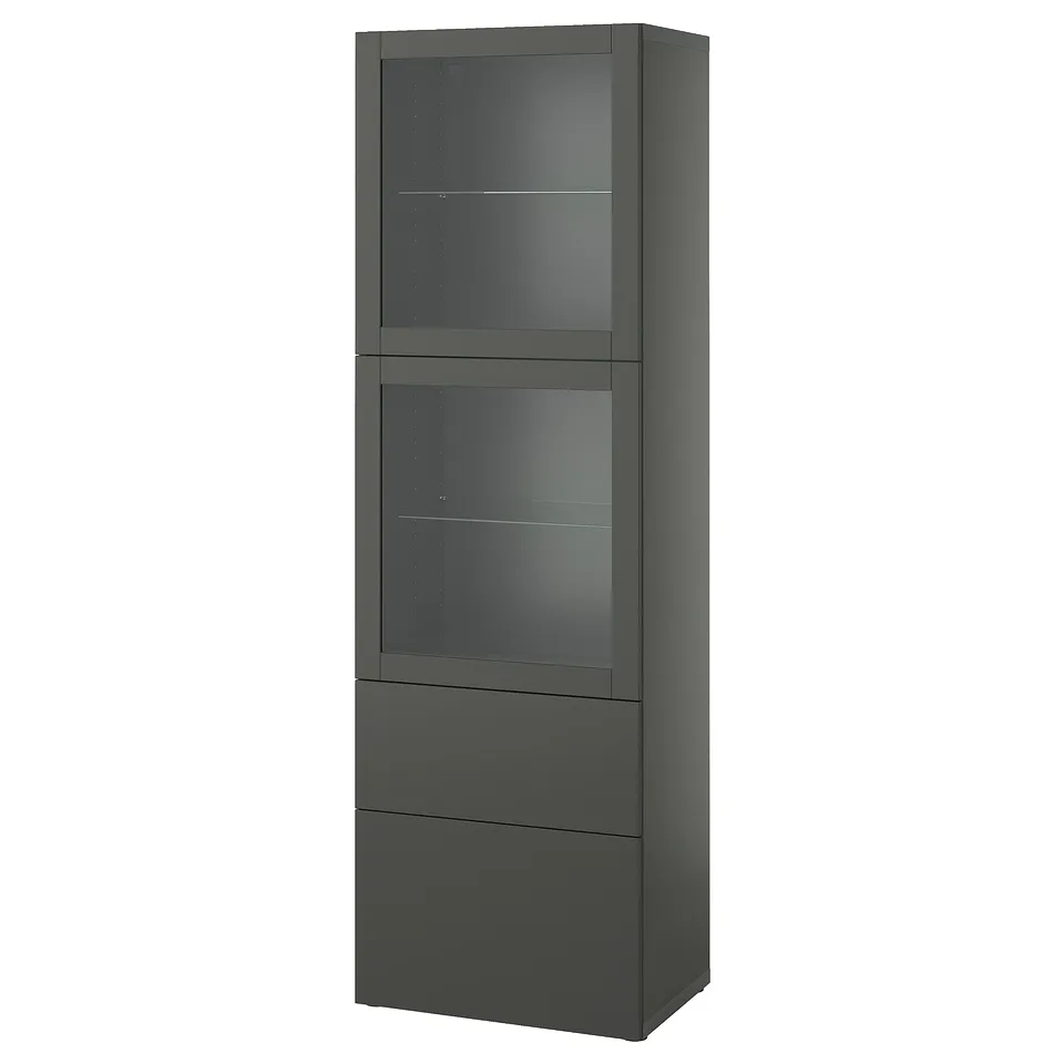 A black BESTÅ cabinet with three sections: two glass doors and two drawers.