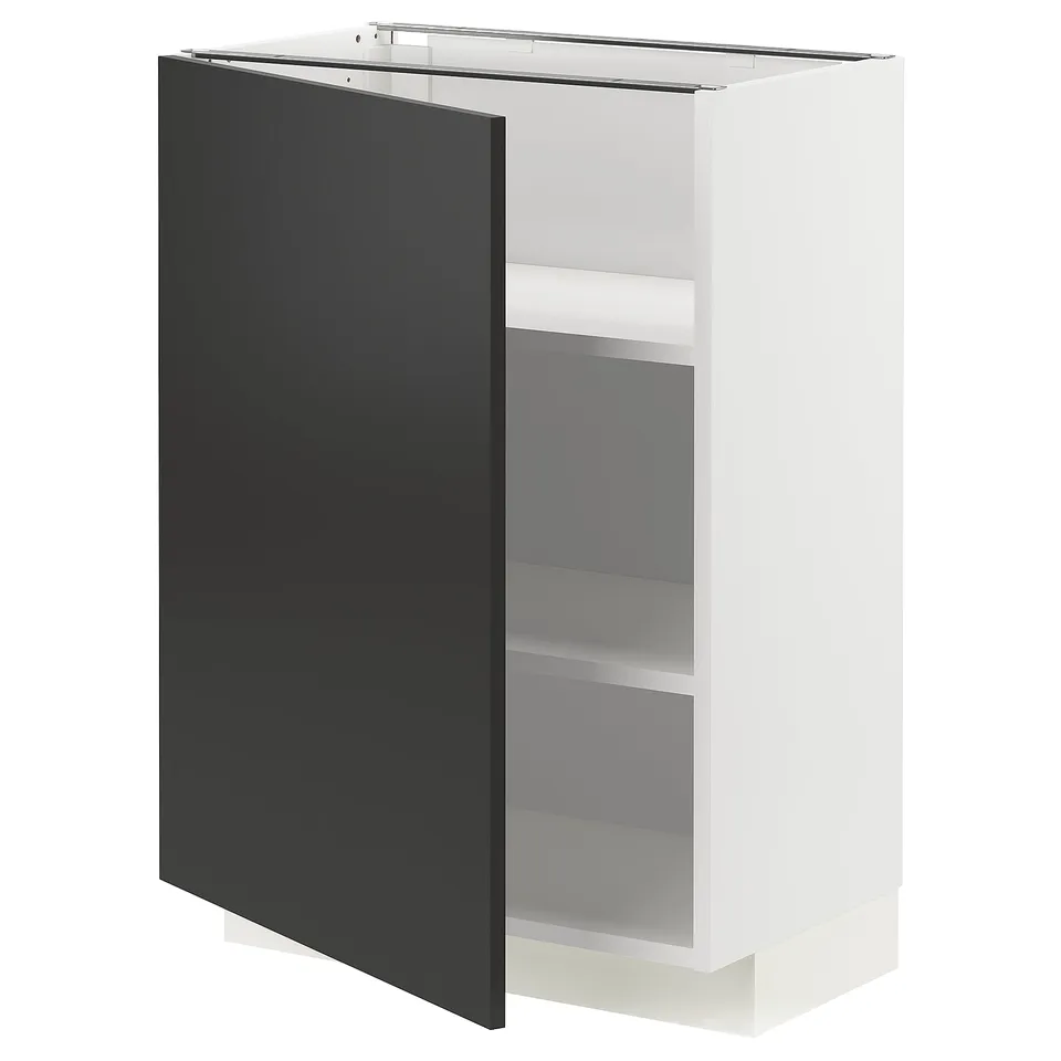 Modern kitchen cabinet, white with black door. Adjustable shelves, nickel hinges.
