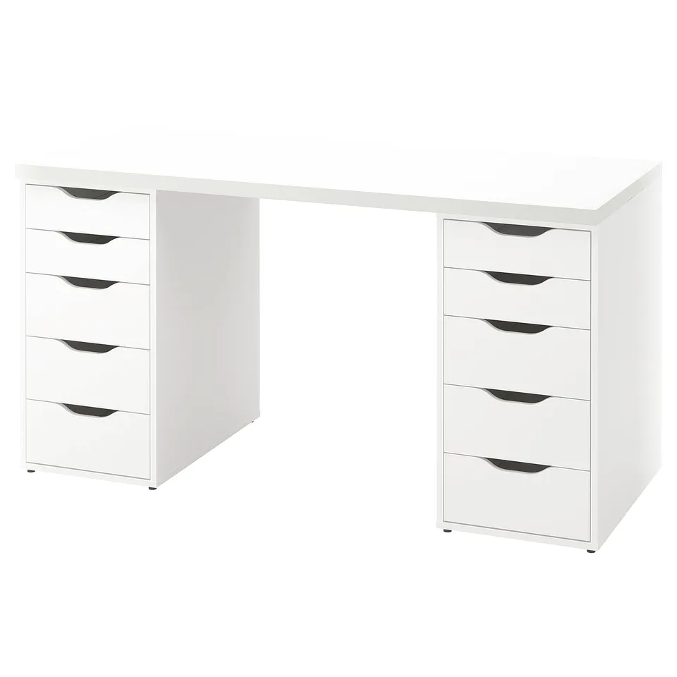 White LAGKAPTEN desk with 10 drawers, minimalist design.
