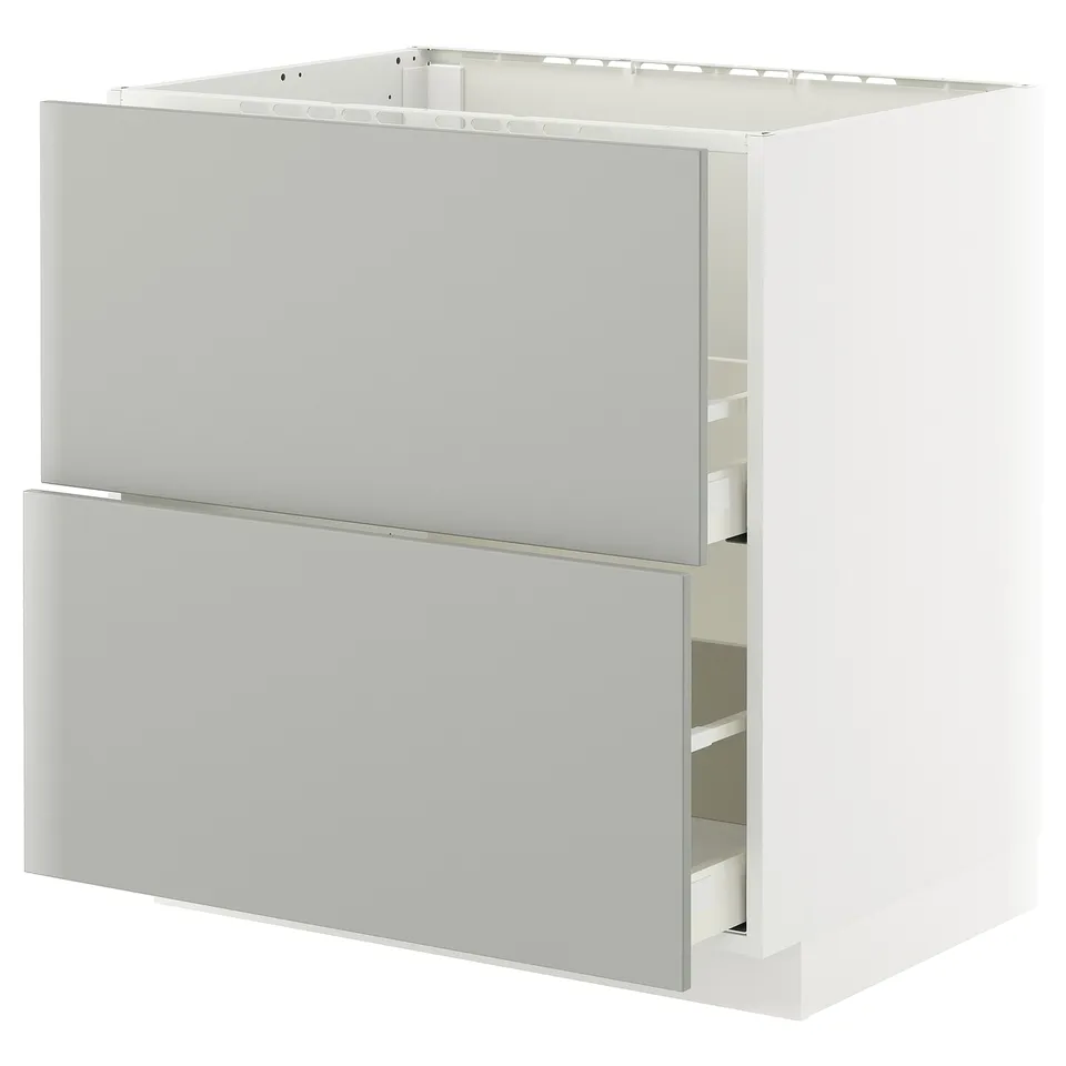 Modern, light grey kitchen cabinet with two drawers, sleek design.