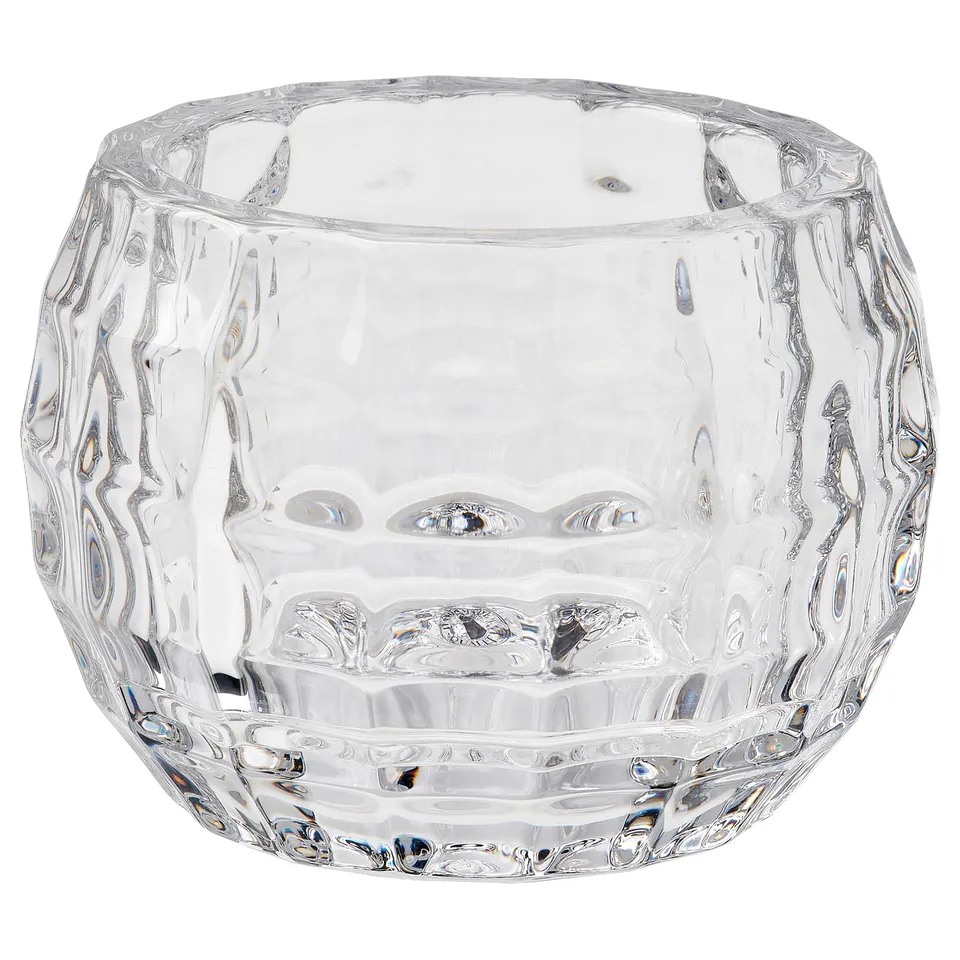 Clear glass FRÖJDA tealight holder, round, textured surface.