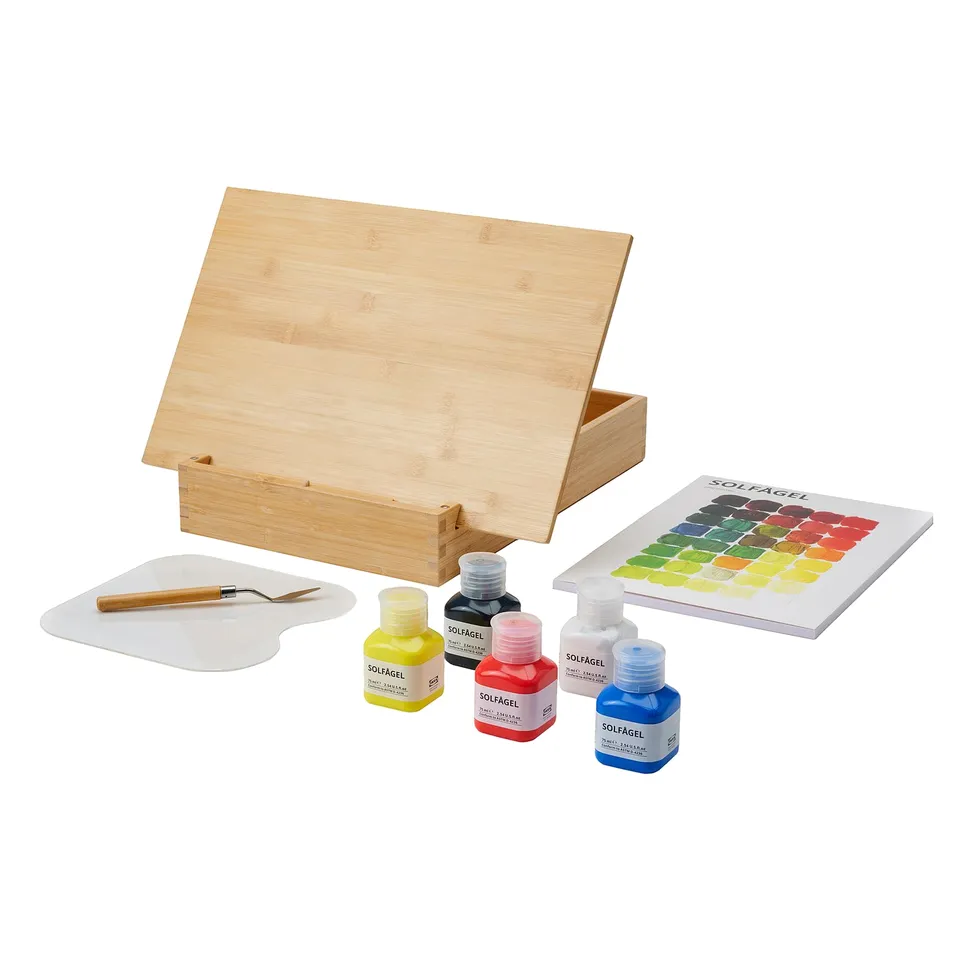 SOLFÅGEL art kit: wooden easel, 5 acrylic paints, canvas, palette, brush. Tools for detailed painting.
