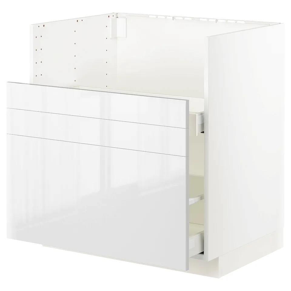 White METOD kitchen cabinet, glossy high front, modern design.