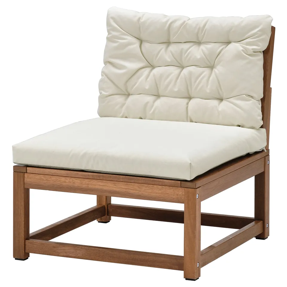 NÄMMARÖ: beige outdoor chair with brown hardwood, plush cushions, square shape.