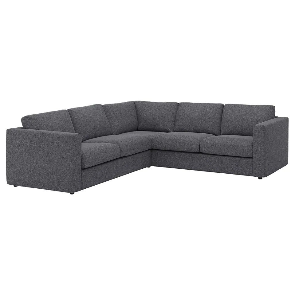 VIMLE l-shaped corner sofa, grey, dark grey, modern design, cosy cushions.