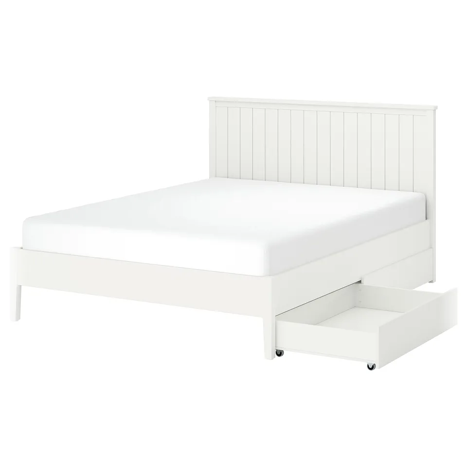 White GULLABERG bed, classic design, wooden headboard, two drawers.
