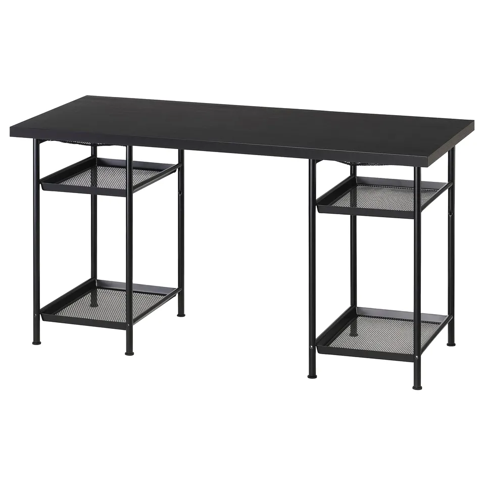 Black rectangular desk with mesh shelves, sturdy metal legs, modern design.