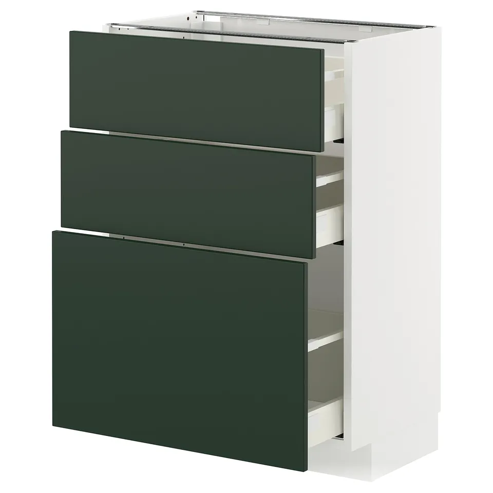 Modern green METOD kitchen cabinet with three drawers, sleek design, white frame.