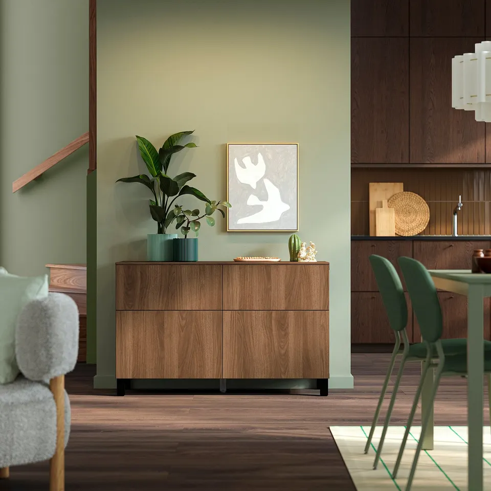 BESTÅ Storage combination w doors/drawers, black-brown Lappviken/Stubbarp/brown walnut effect, 120x42x75 cm