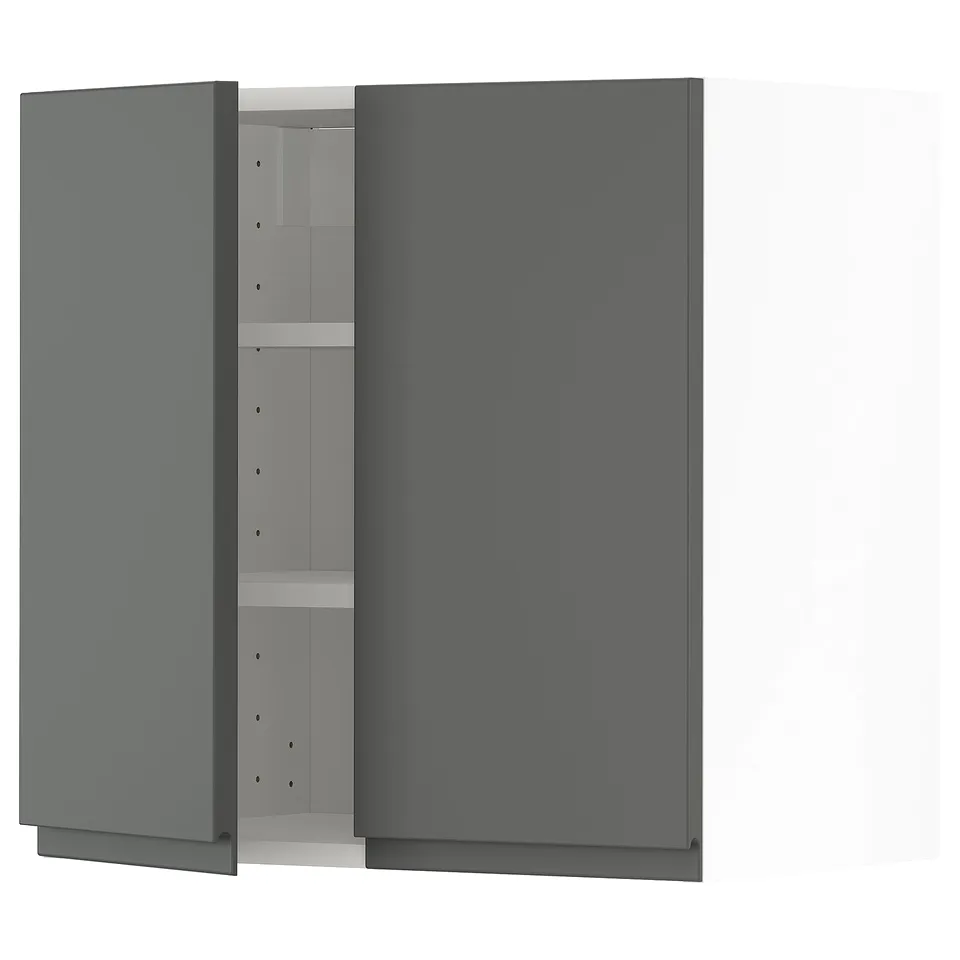 Modern grey kitchen cabinet with shelves.