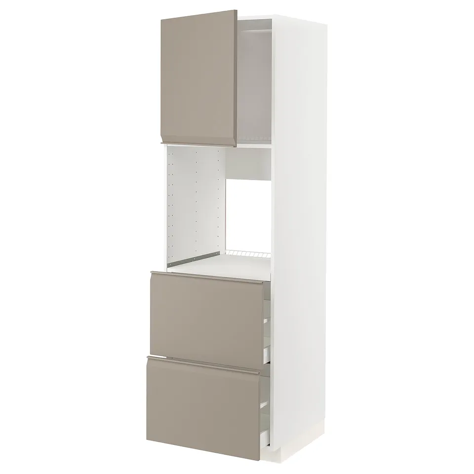 Modern kitchen unit, white, grey drawers, adjustable shelf, sleek design.