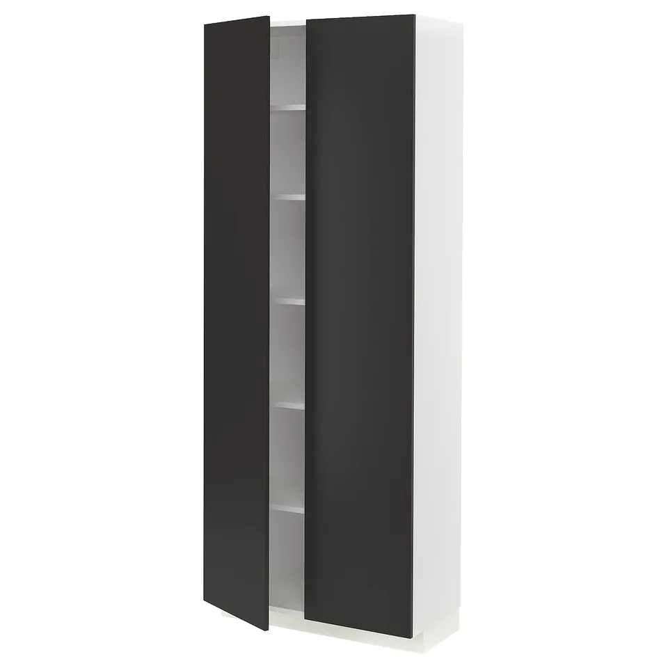 Modern black and white tall cabinet with adjustable shelves, sleek design, part of METOD kitchen system.