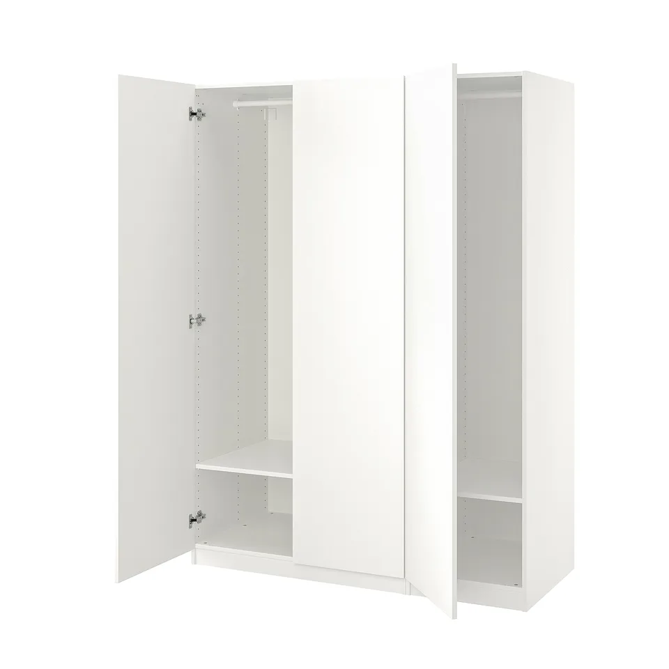 A white ikea PAX wardrobe with two open doors revealing adjustable interiors.