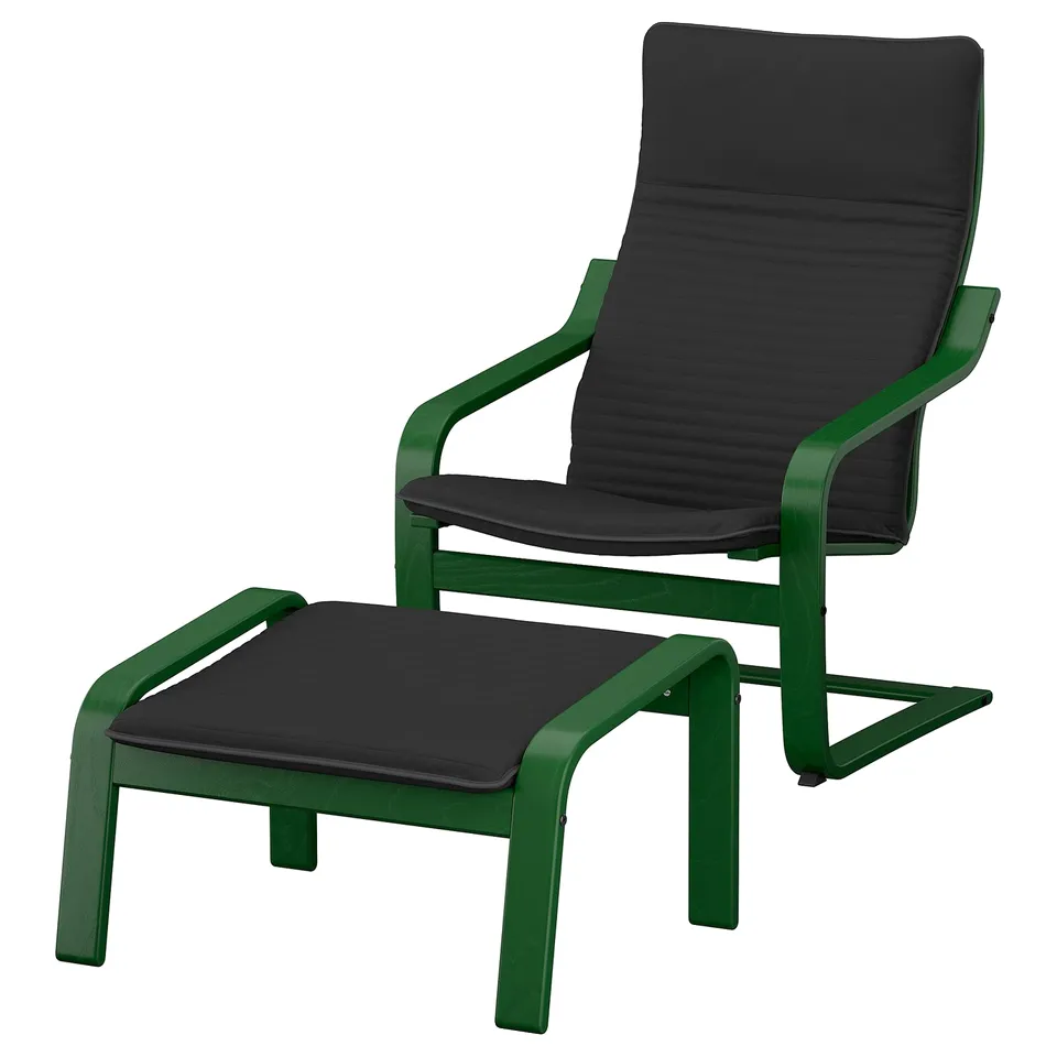 POÄNG chair and ottoman: green frame, black cushions, modern design.