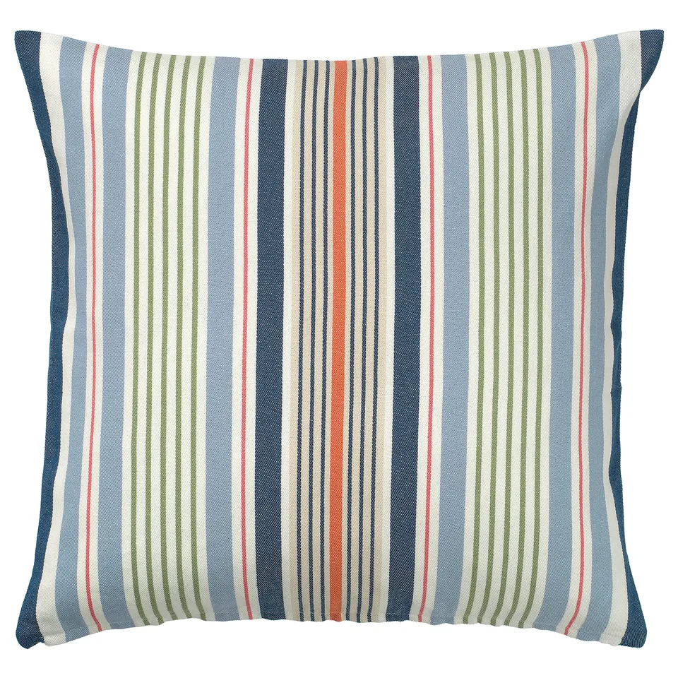 Square KORALLBUSKE cushion with light blue, multicoloured stripes, woven from cotton, jute, and viscose.