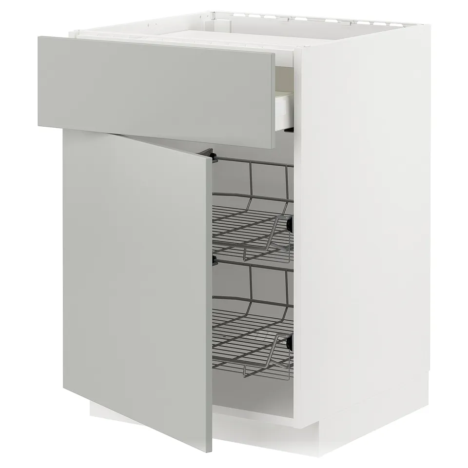 White METOD kitchen cabinet, light grey, modern design, 3 wire shelves, minimalist.