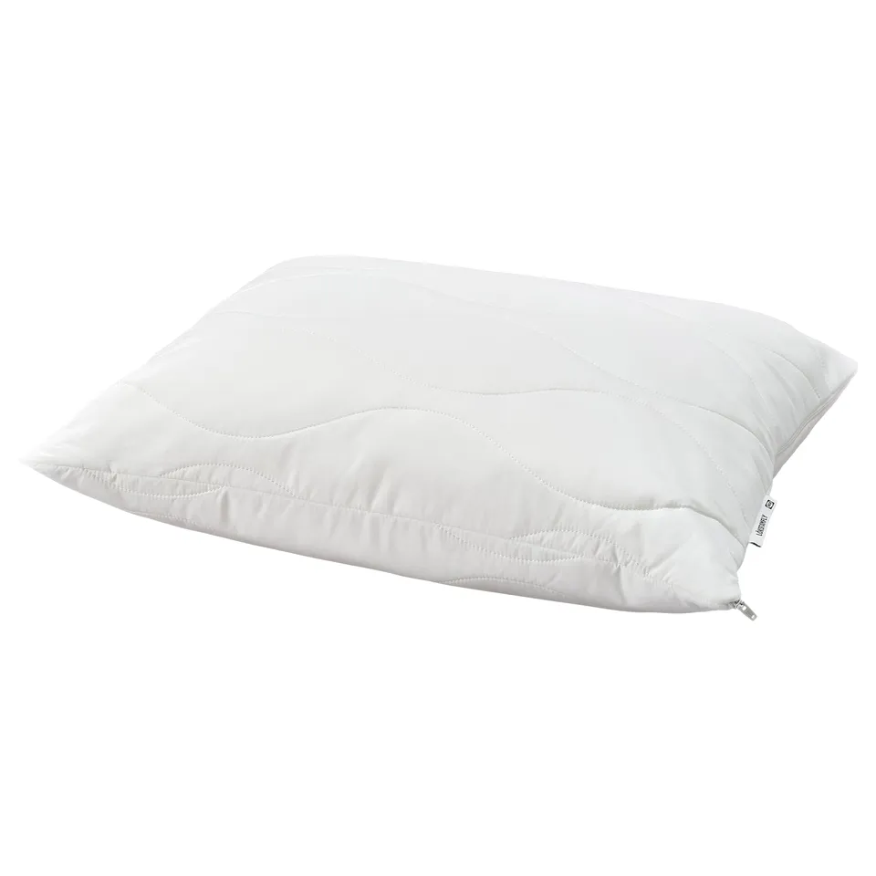 White LÖKSTAMFLY ergonomic pillow with shredded memory foam, soft quilted recycled polyester for back and side sleepers.