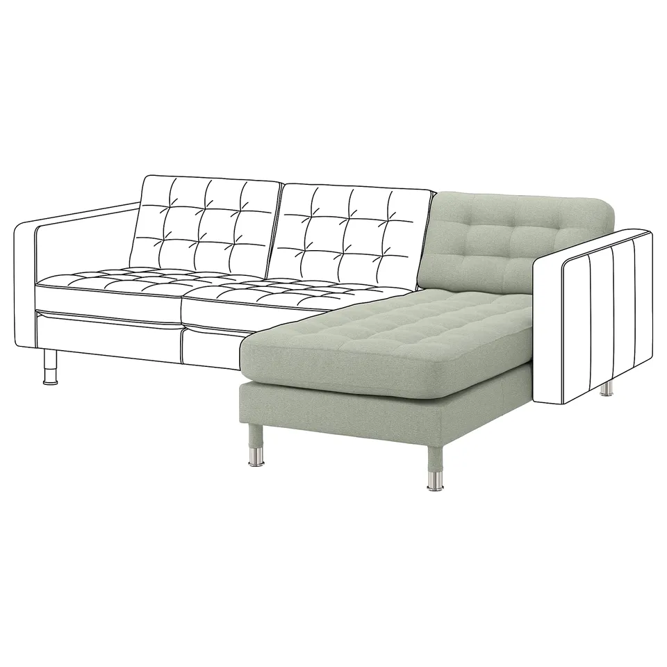 Light grey modern l-shaped sofa with tufted cushions and chrome legs.