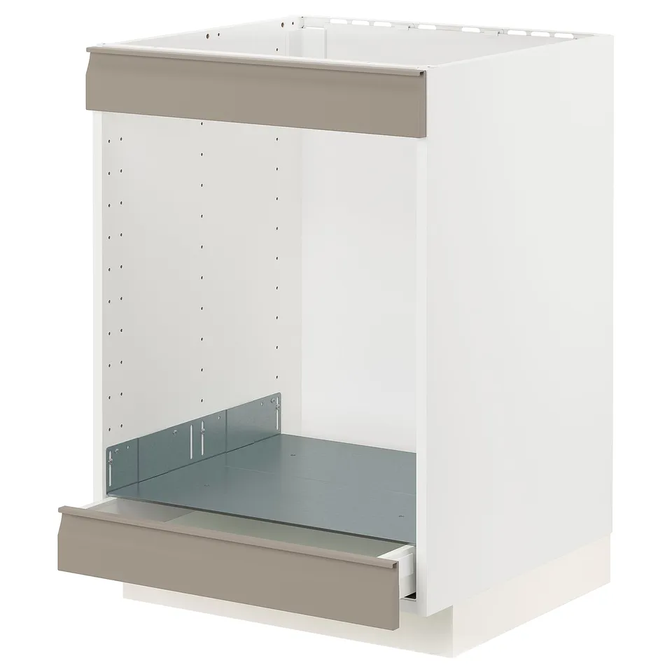 A white METOD kitchen cabinet with a grey-beige drawer. It has a modern, sleek design with integrated handles.