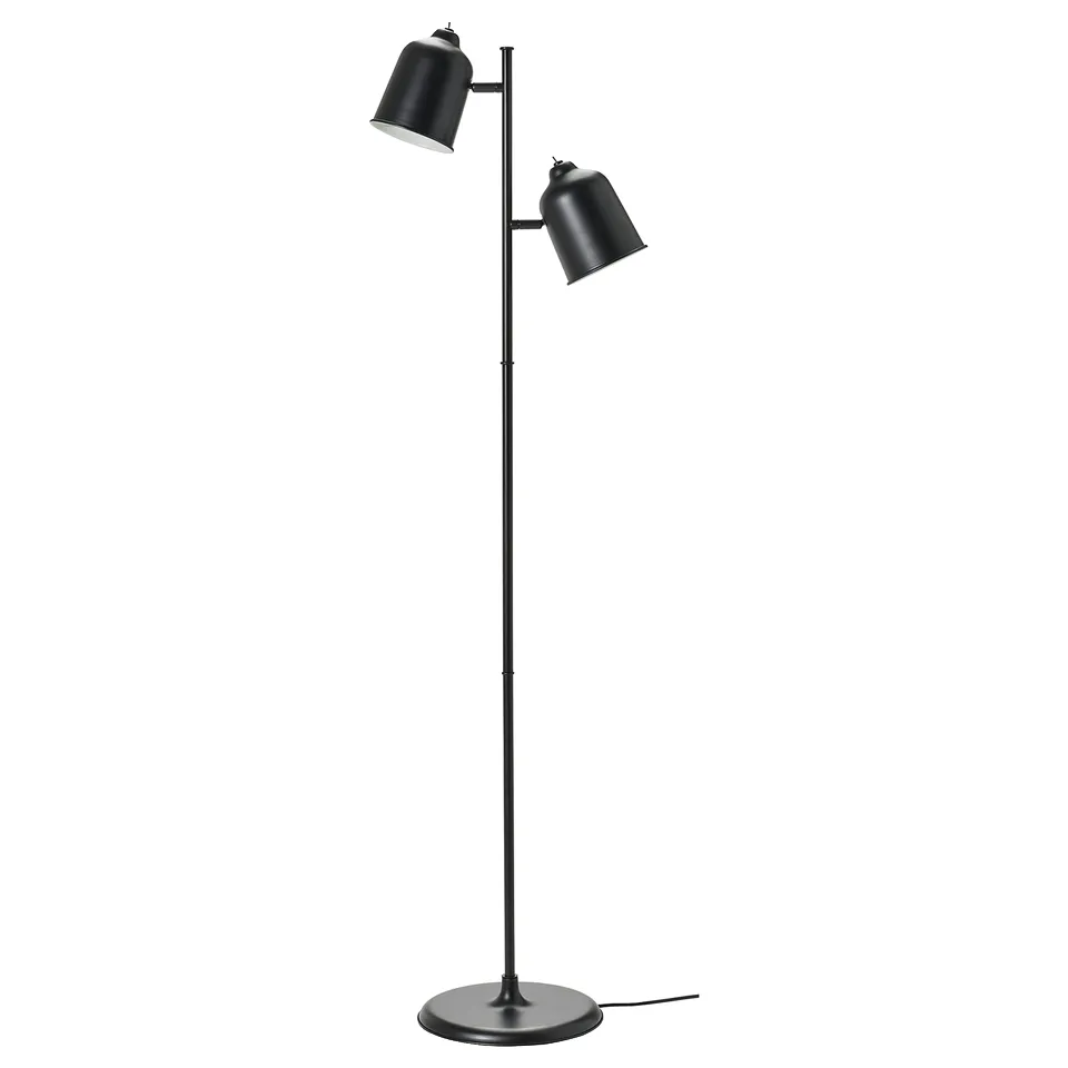 KLÖVING black floor lamp with two adjustable shades, sleek design, metal and concrete base.