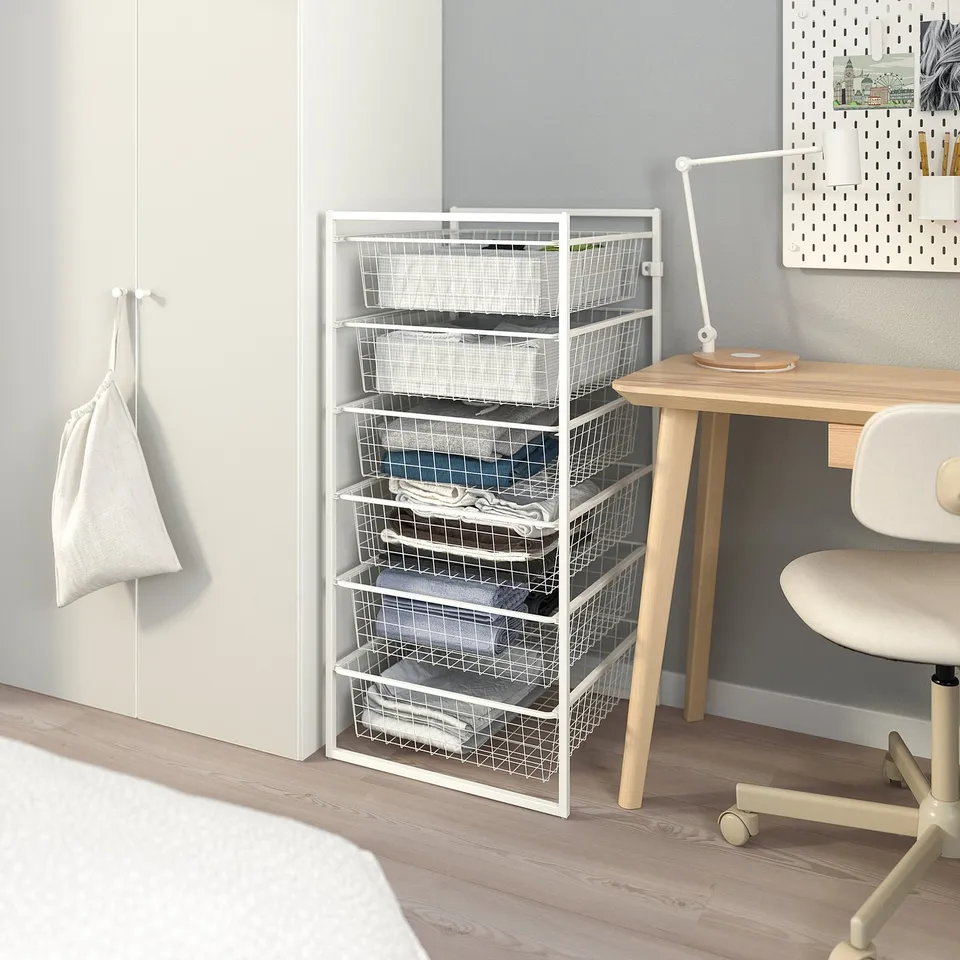 JONAXEL white metal storage unit with drawers, fits neatly beside desk, light, modern design.
