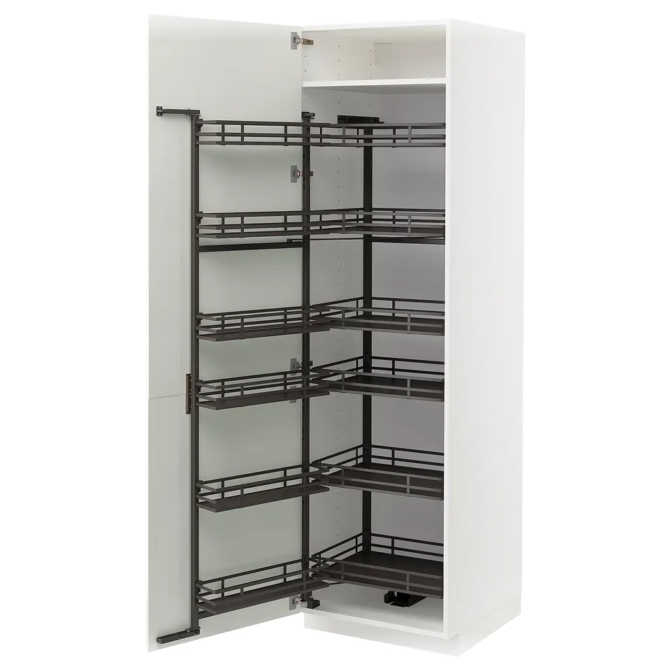 METOD off-white kitchen cabinet with 5 black pull-out shelves.