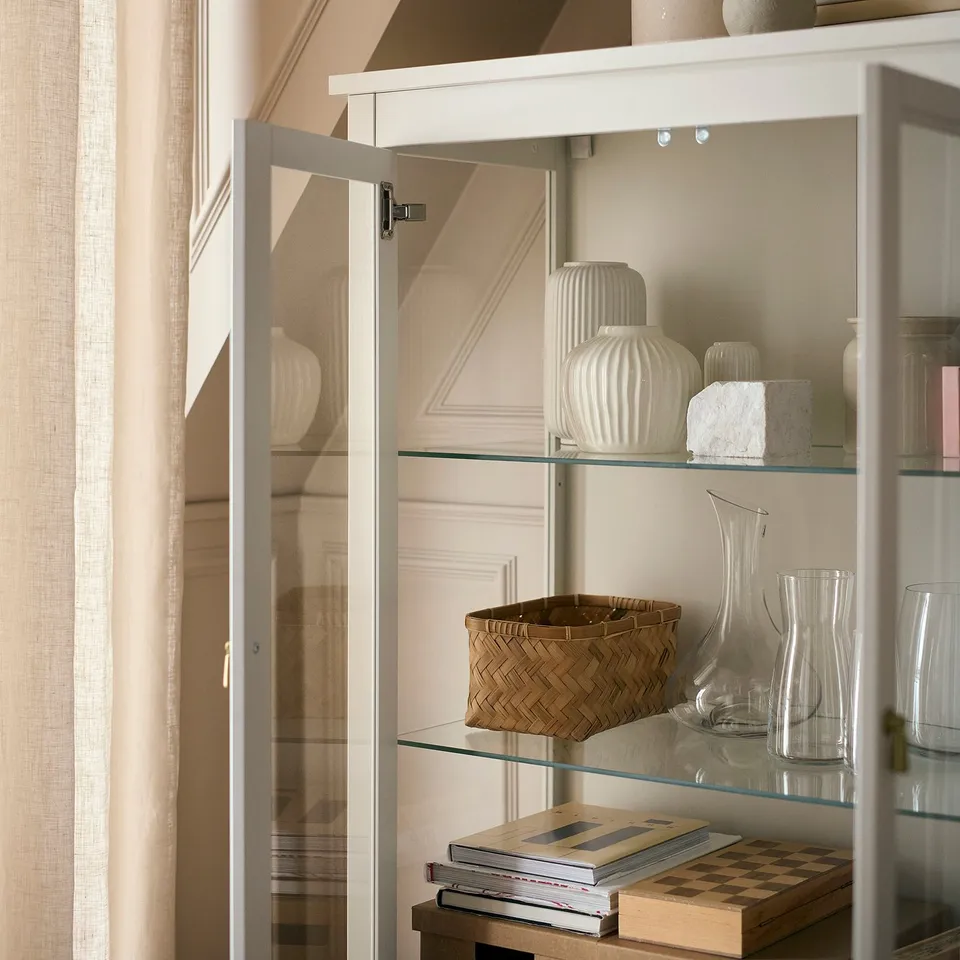 FÄRJKARL Glass-door cabinet, off-white, 87x45x161 cm