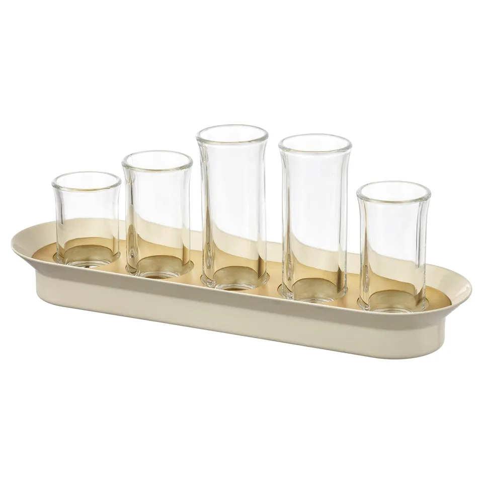 VATTENKRASSE gold glass propagation set. Five slender glass tubes in gold tray for plant cuttings.
