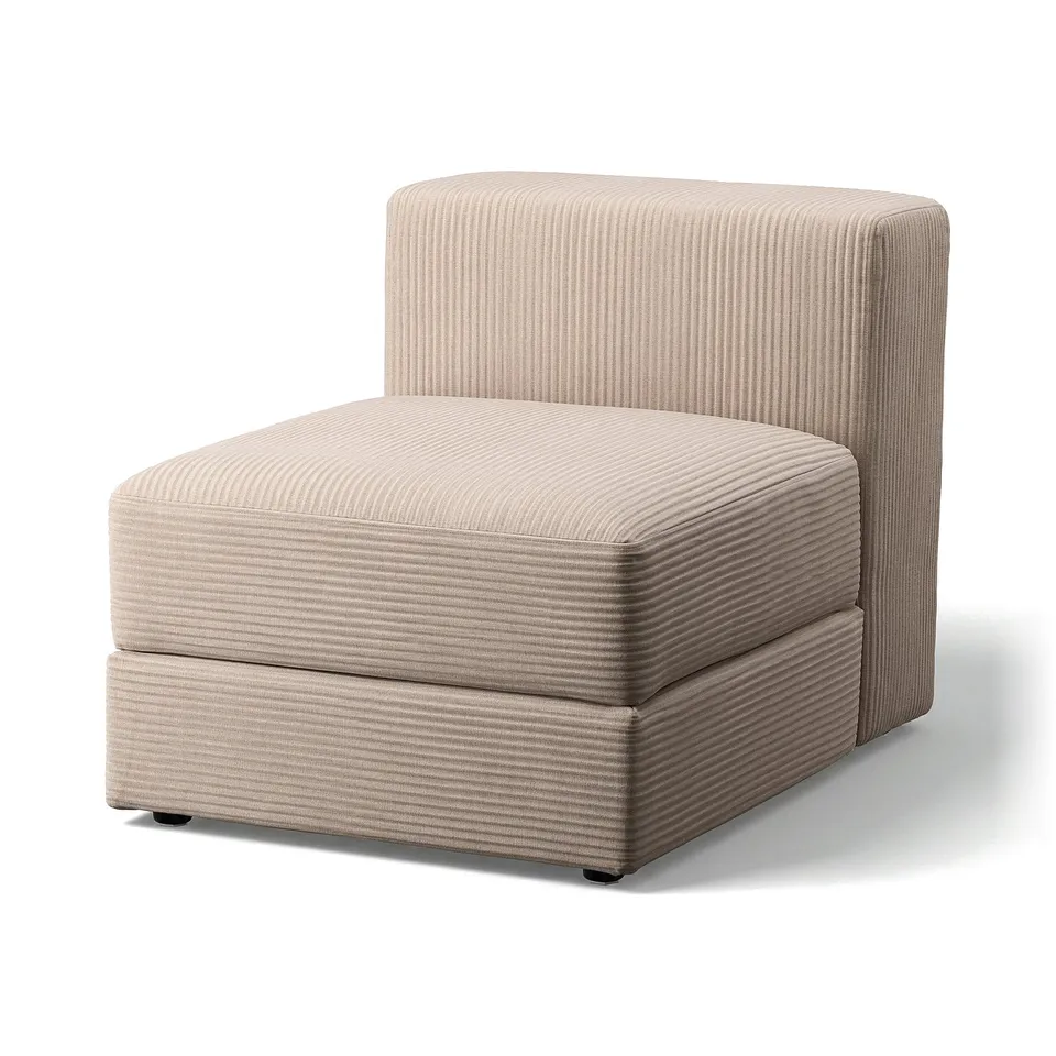 A modern beige JÄTTEBO chair with striped corduroy fabric, square shape, and matching ottoman.