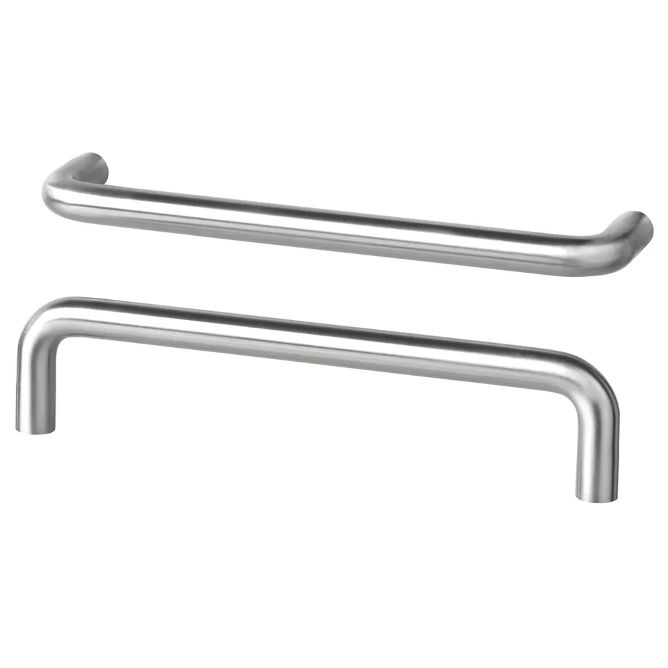 Image shows two BAGGANÄS stainless steel handles, sleek and modern, placed side by side.