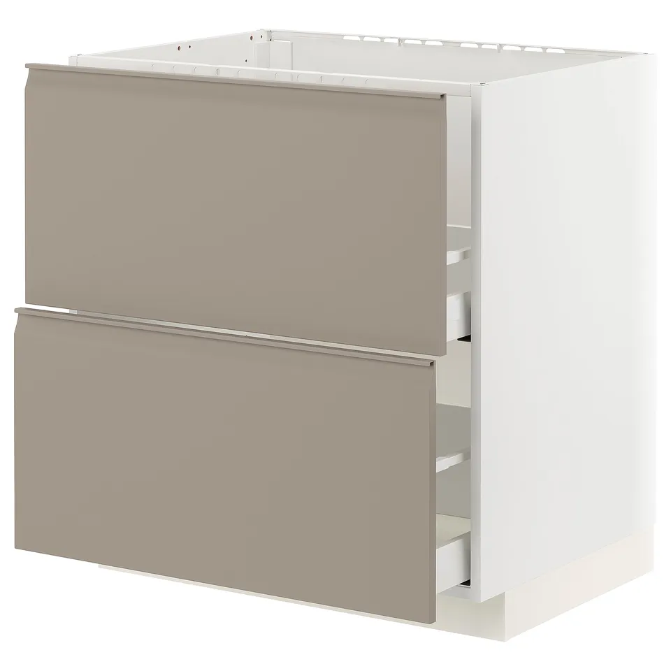 METOD kitchen cabinet in beige with smooth grey handles and modern design.