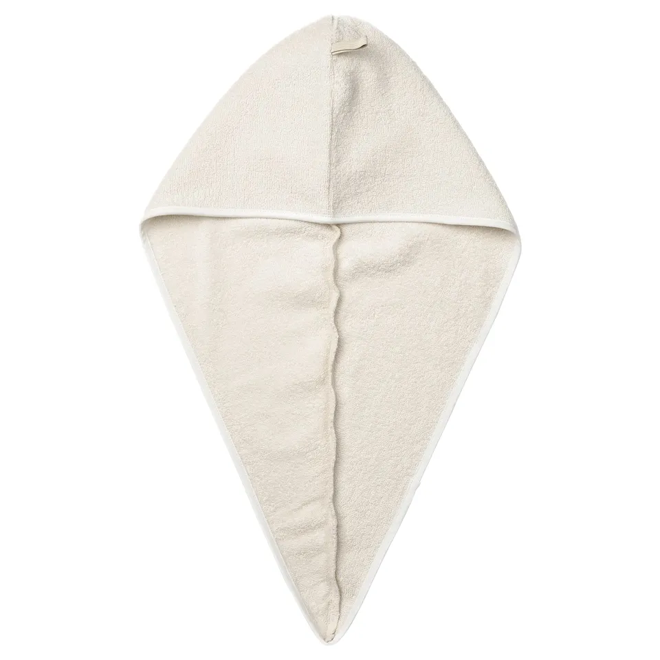 STJÄRNBUSKE hair towel, white, soft cotton-blend, triangle shape, adjustable loop fastener.