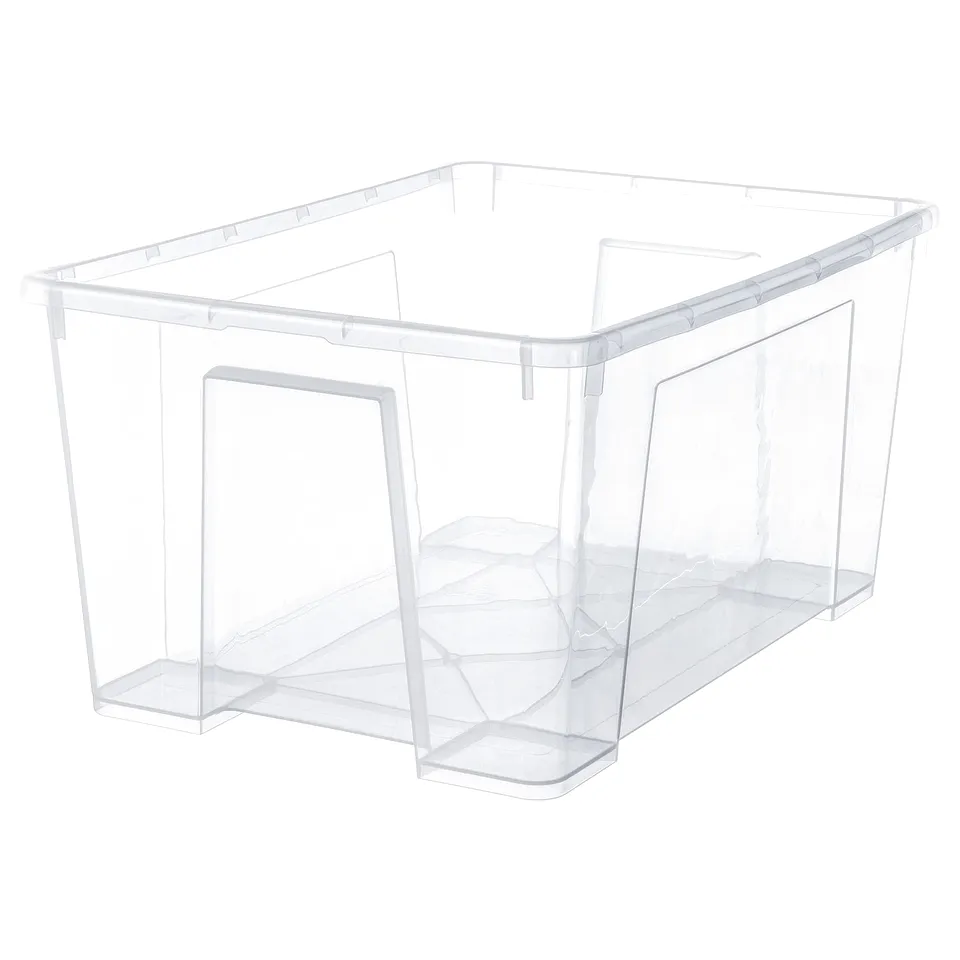 A clear plastic storage box named SAMLA. Its rectangular, transparent, and made of polypropylene plastic. Ideal for storing various items.