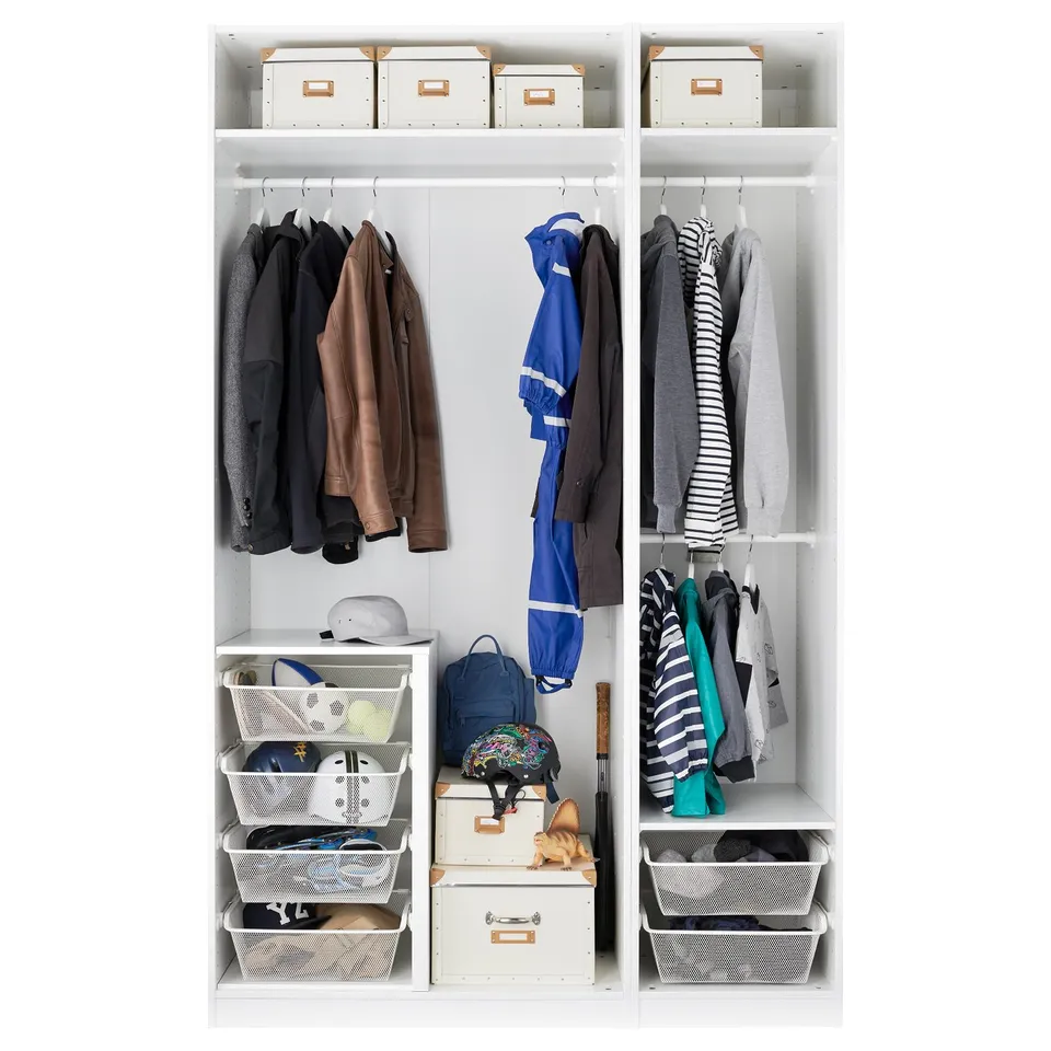 White wardrobe with clothes, boxes, baskets