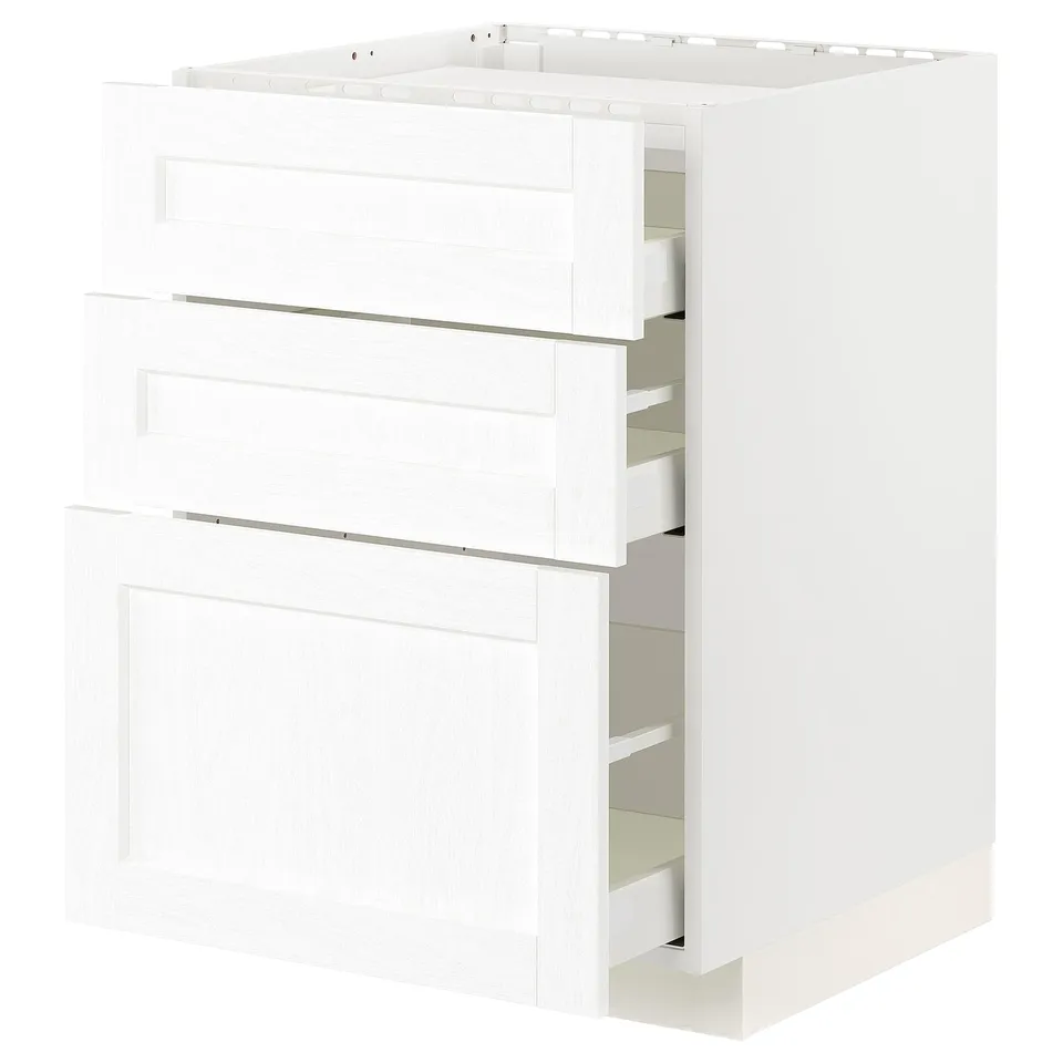 White METOD kitchen cabinet with three drawers and shelves, modern design.