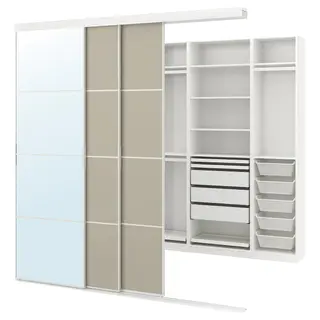 SKYTTA / PAX walk-in wardrobe with sliding doors, white Mehamn/Auli/grey-beige mirror glass, 251x115x240 cm