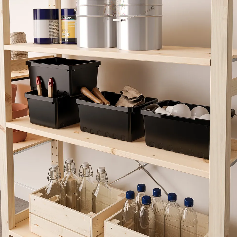 Shelf with three boxes: tools, cloth/bulbs, spheres. Crate holds bottles.