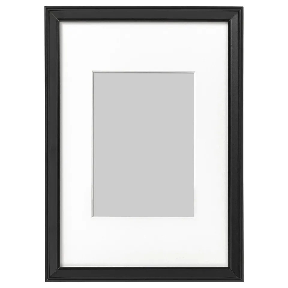 Black KNOPPÄNG picture frame with white mat, rectangular.