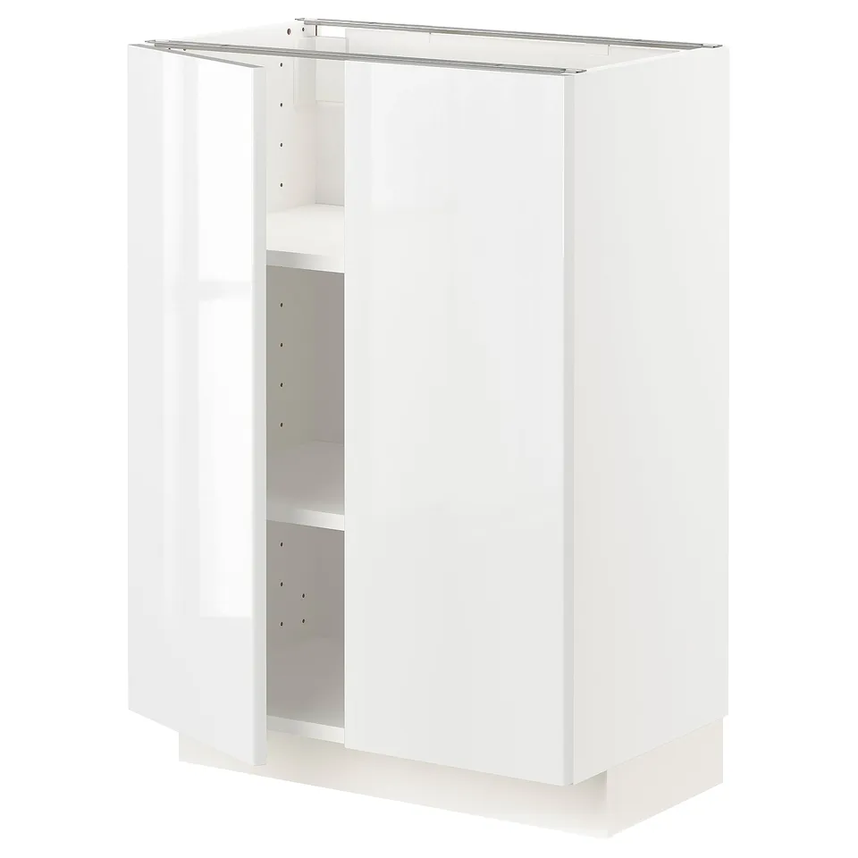 White METOD kitchen cabinet with glossy finish and adjustable shelves.