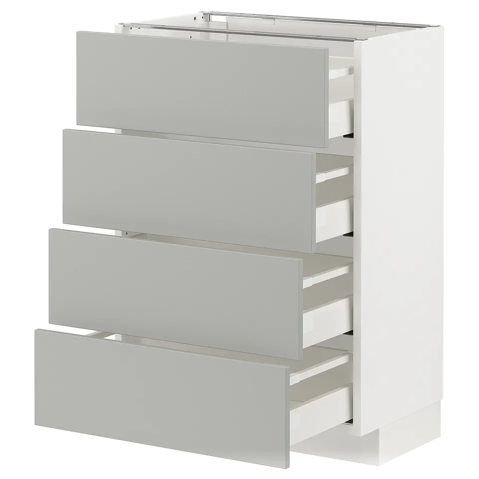 Modern white METOD kitchen cabinet with light grey havstorp drawers.