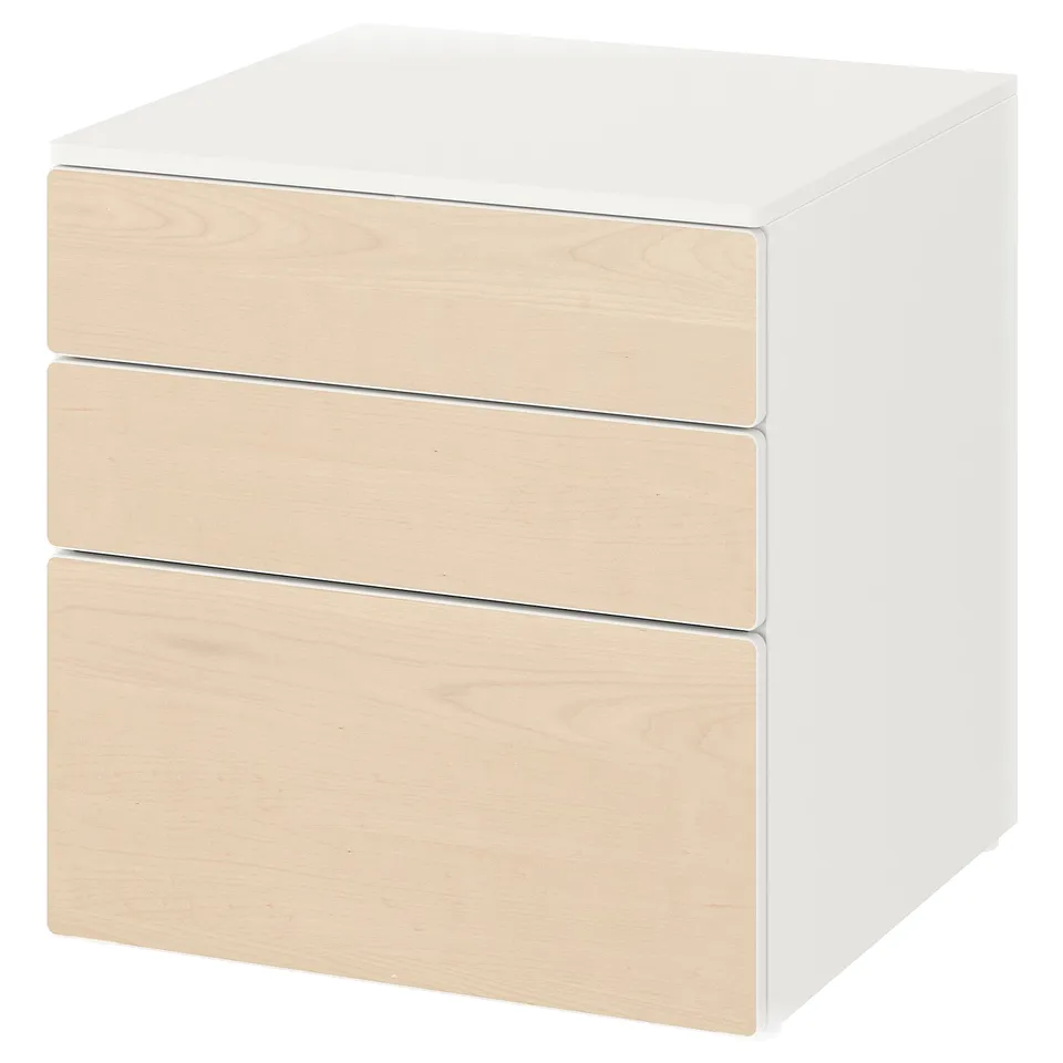 A white SMÅSTAD chest of three light wood drawers, designed for childrens storage.
