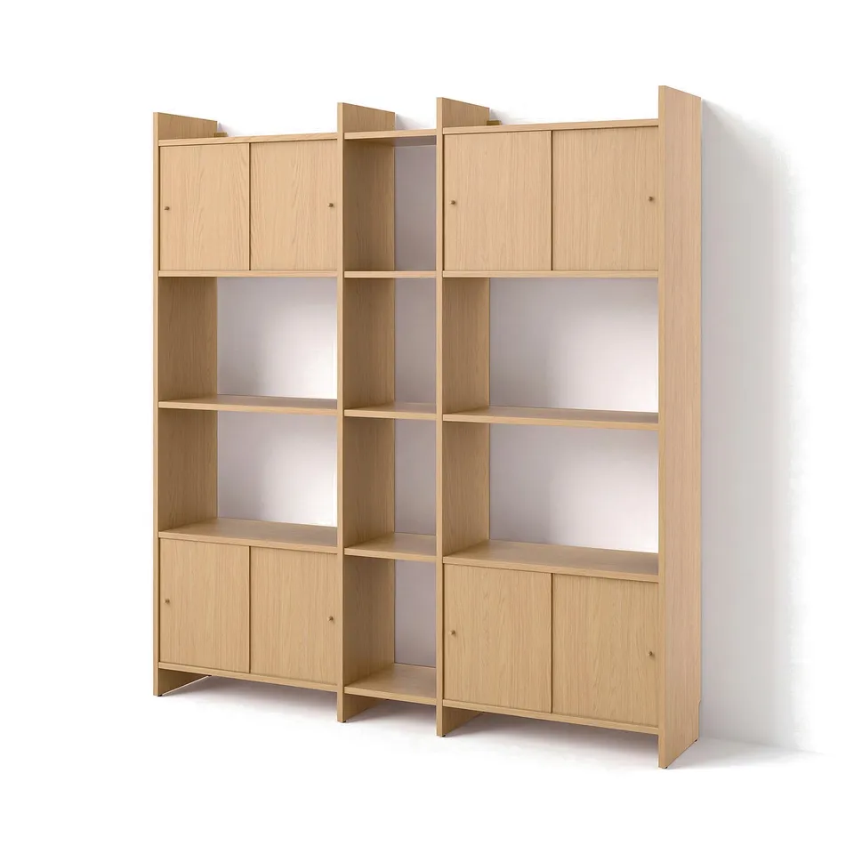LÅDMAKARE Storage combination w sliding doors, with 7 shelves/oak effect, 198x35x212 cm