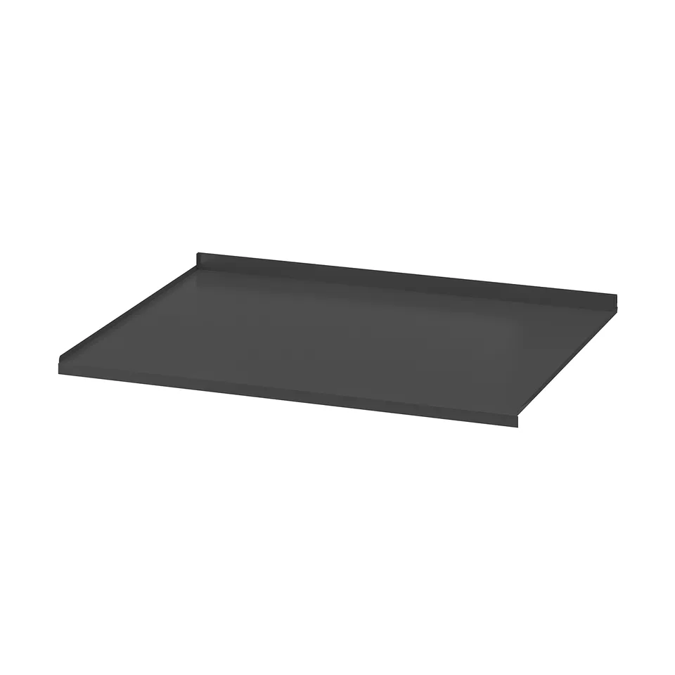 Single, black rectangular shelf, modern design, fits METOD cabinets. Protective bottom shelf made of polypropylene and pet plastic.