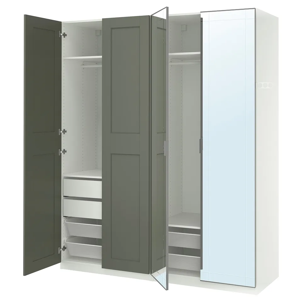 An open PAX wardrobe in green and white, featuring shelves, drawers, and hanging space. It has a modern design with mirror doors.