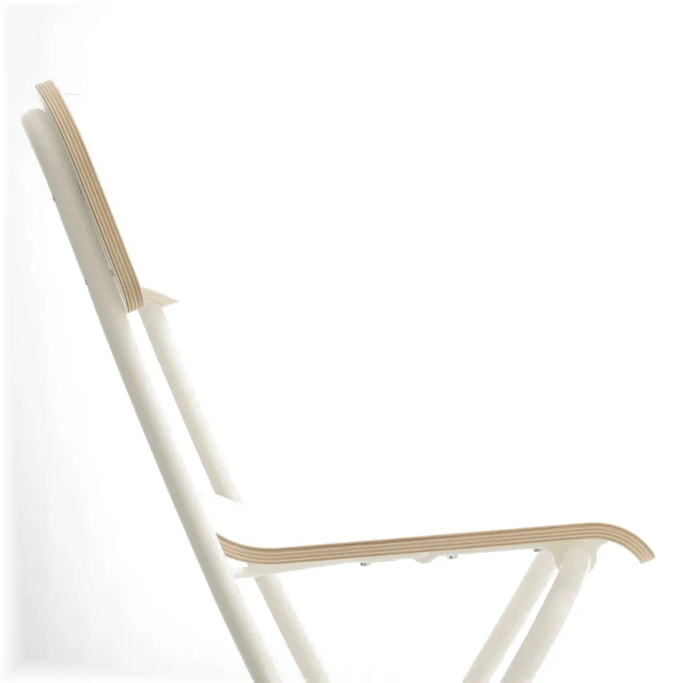 Modern white and light wood chair with curved seat and backrest against plain grey wall.