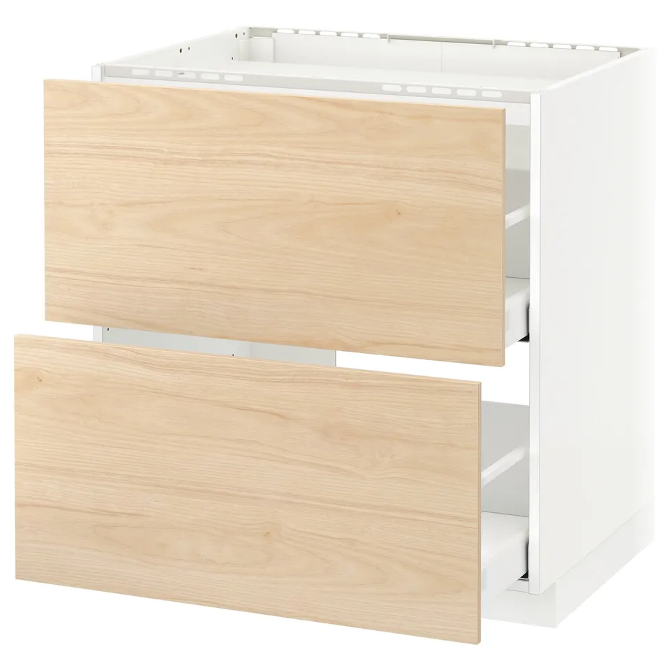 A white METOD kitchen cabinet with light ash wood drawers.