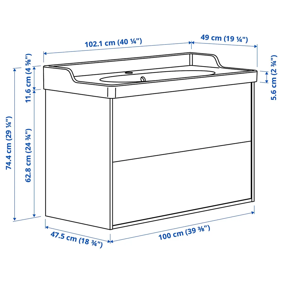 TÄNNFORSEN / RUTSJÖN Wash-stnd w drawers/wash-basin, light grey, 102x49x74 cm